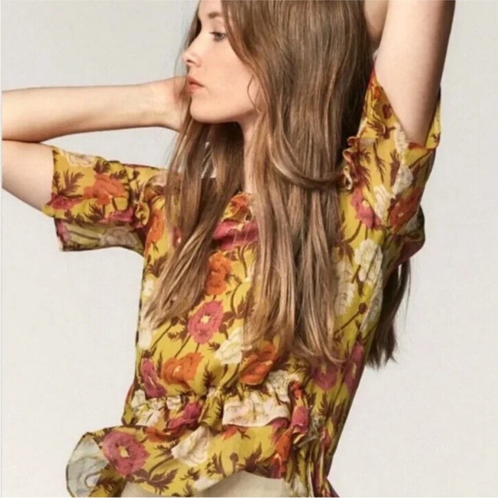 Massimo Dutti Chiffon Ruffle Hem Floral Side Tie Top